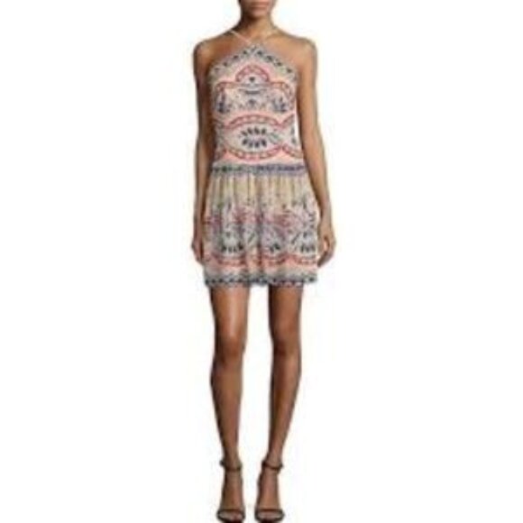 BCBG Mesh Lace Fleur Drop Waist Mini Halter Flounce Dress Party - Picture 1 of 4